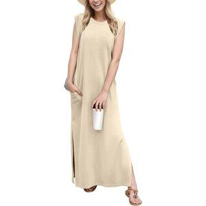Grecerelle Women White Round Neck Loose Split Wrinkle-Free Long Maxi Dress